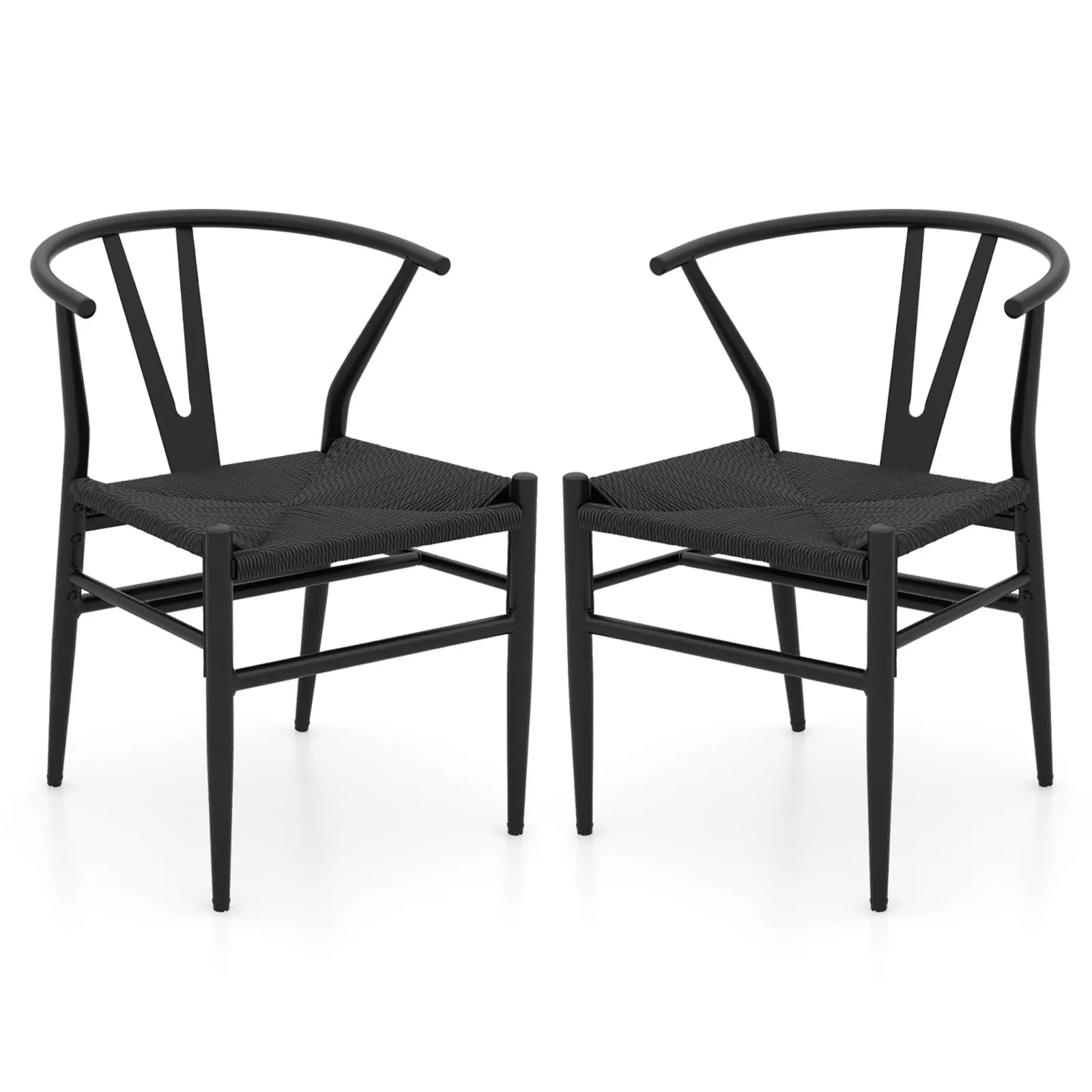 Costway Wishbone Dining Chair Set of 2 Modern Weave Armchairs in Black