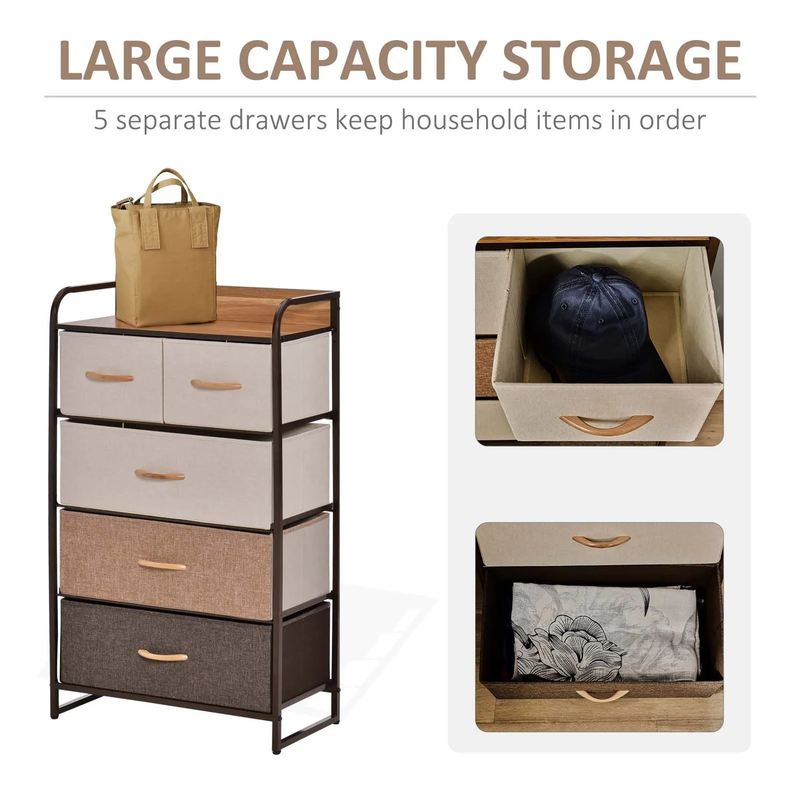 HOMCOM 5 Drawer Dresser Tower Fabric Chest of Drawers with Steel Frame in Brown 5