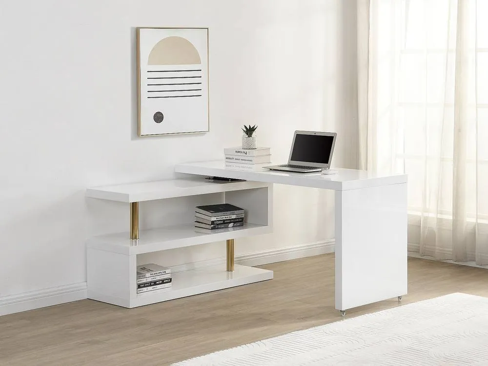 Vente-unique Extendable Desk With 360° Swivel Top - Lacquered MDF - White & Gold 5