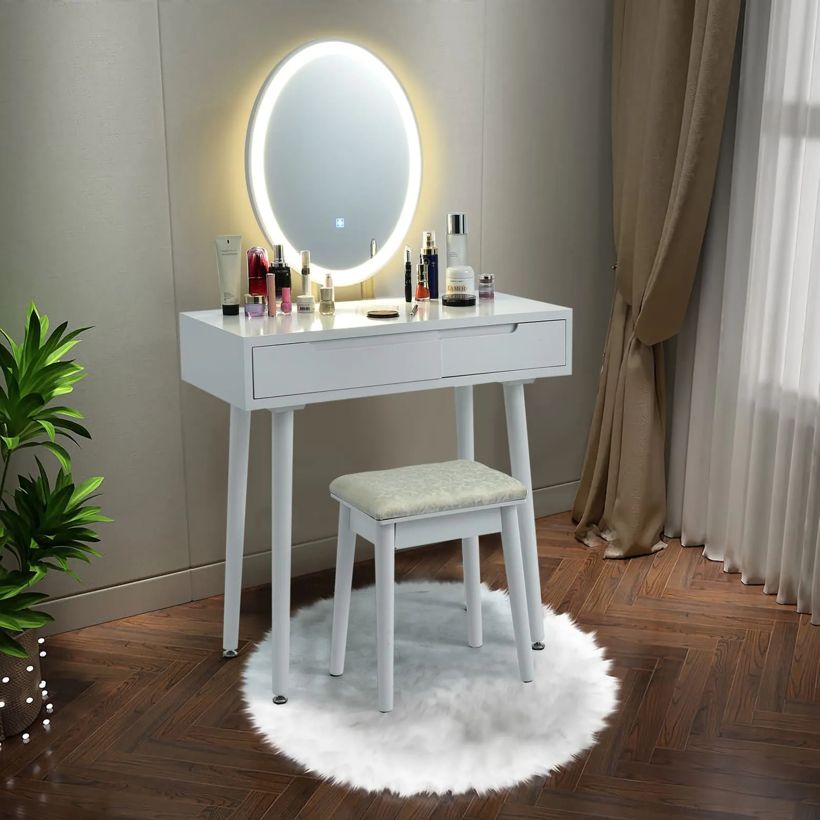 Costway Vanity Table Set with Lighted Mirror & 3 Color Lighting Modes in White 4