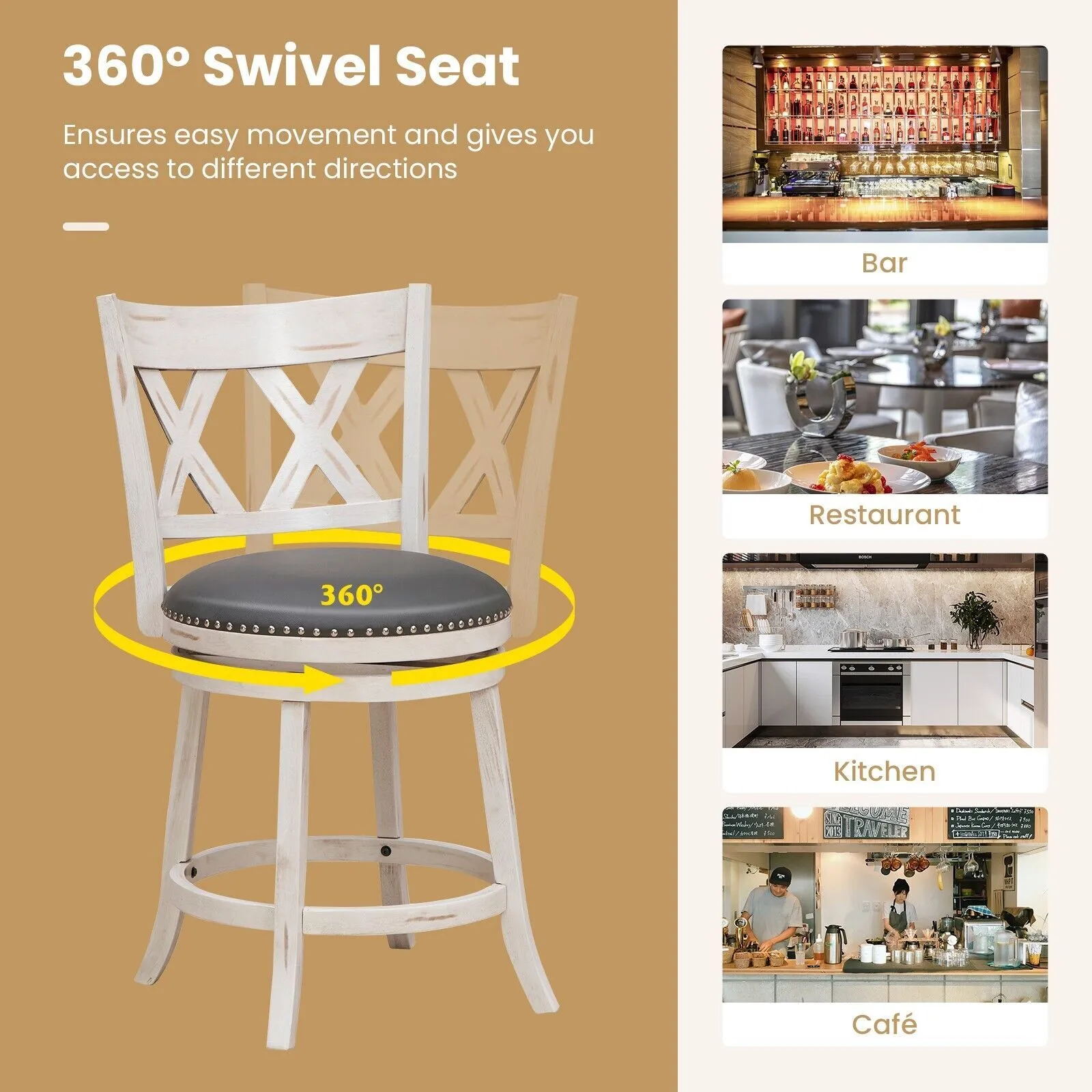 Costway Set of 2 Bar Stools Counter Height Chair Pub 360 Swiveling Upholstered Seat 24" in White 5