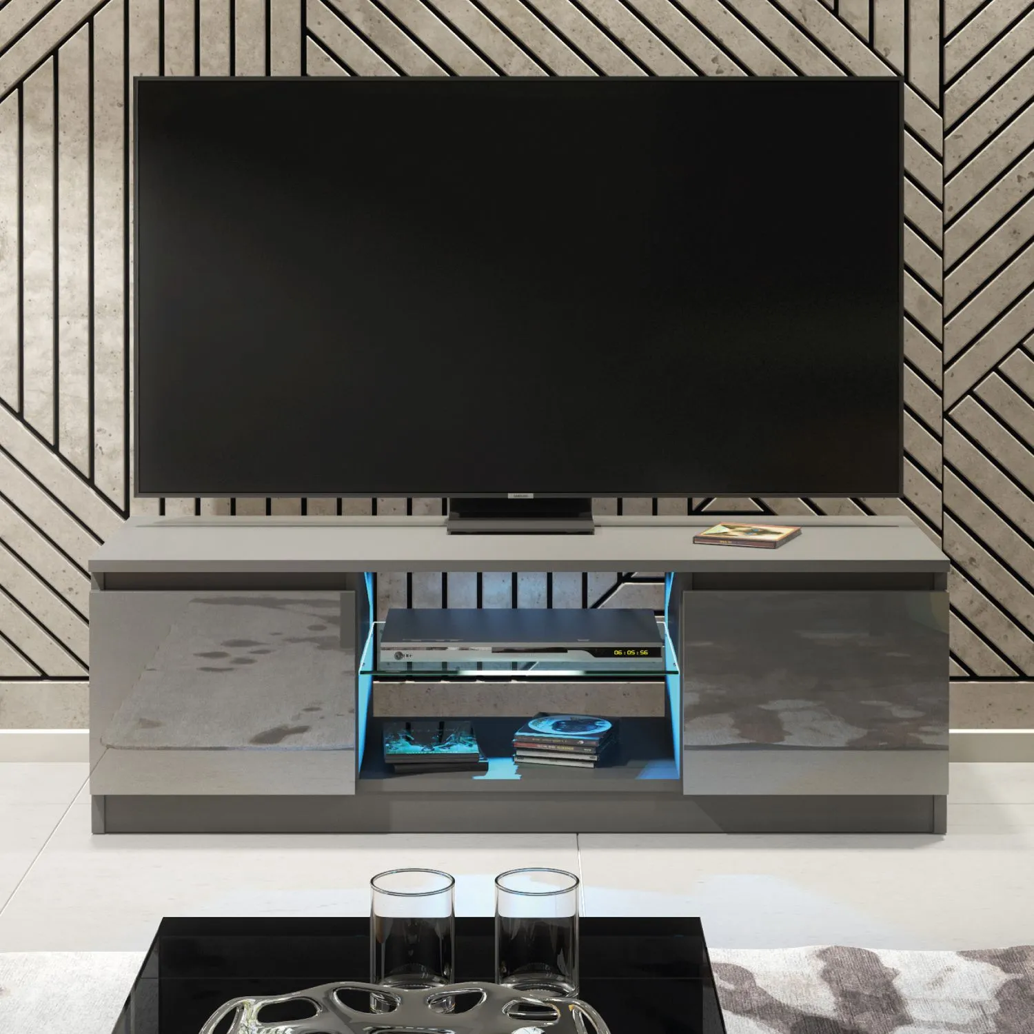 Creative Furniture Aura TV Unit 120cm - A Compact & Contemporary Cabinet with Gloss Doors & LED Lights in Dark Grey