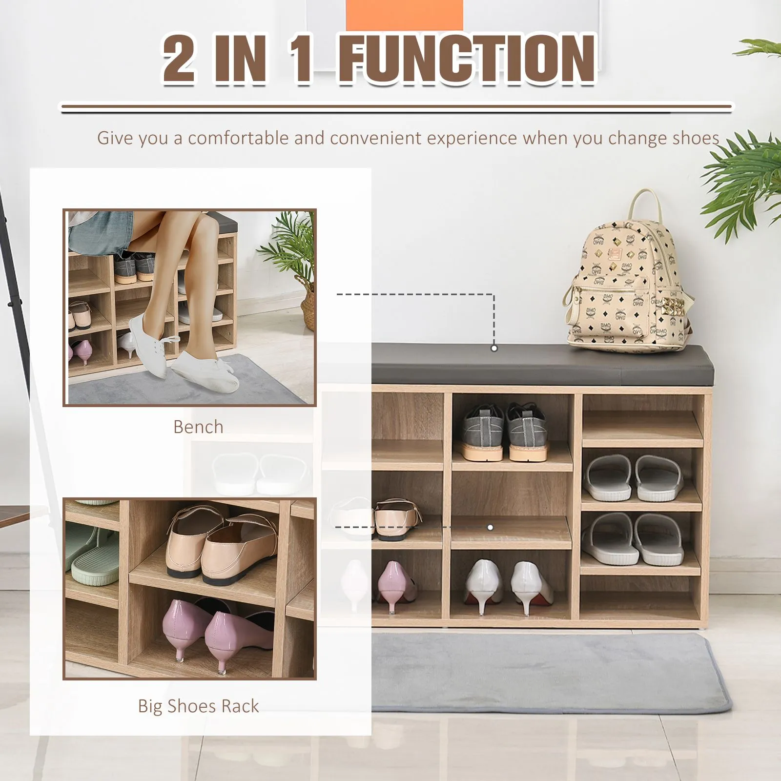 HOMCOM Shoe Rack w/ 14 Compartments Cushion Moving Shelves for Home in Natural 4