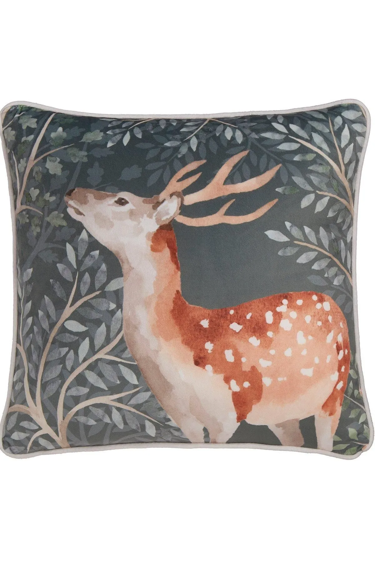 Dreams & Drapes 'Forest Animals' Deer Print Velvet Filled Cushion in Green 2