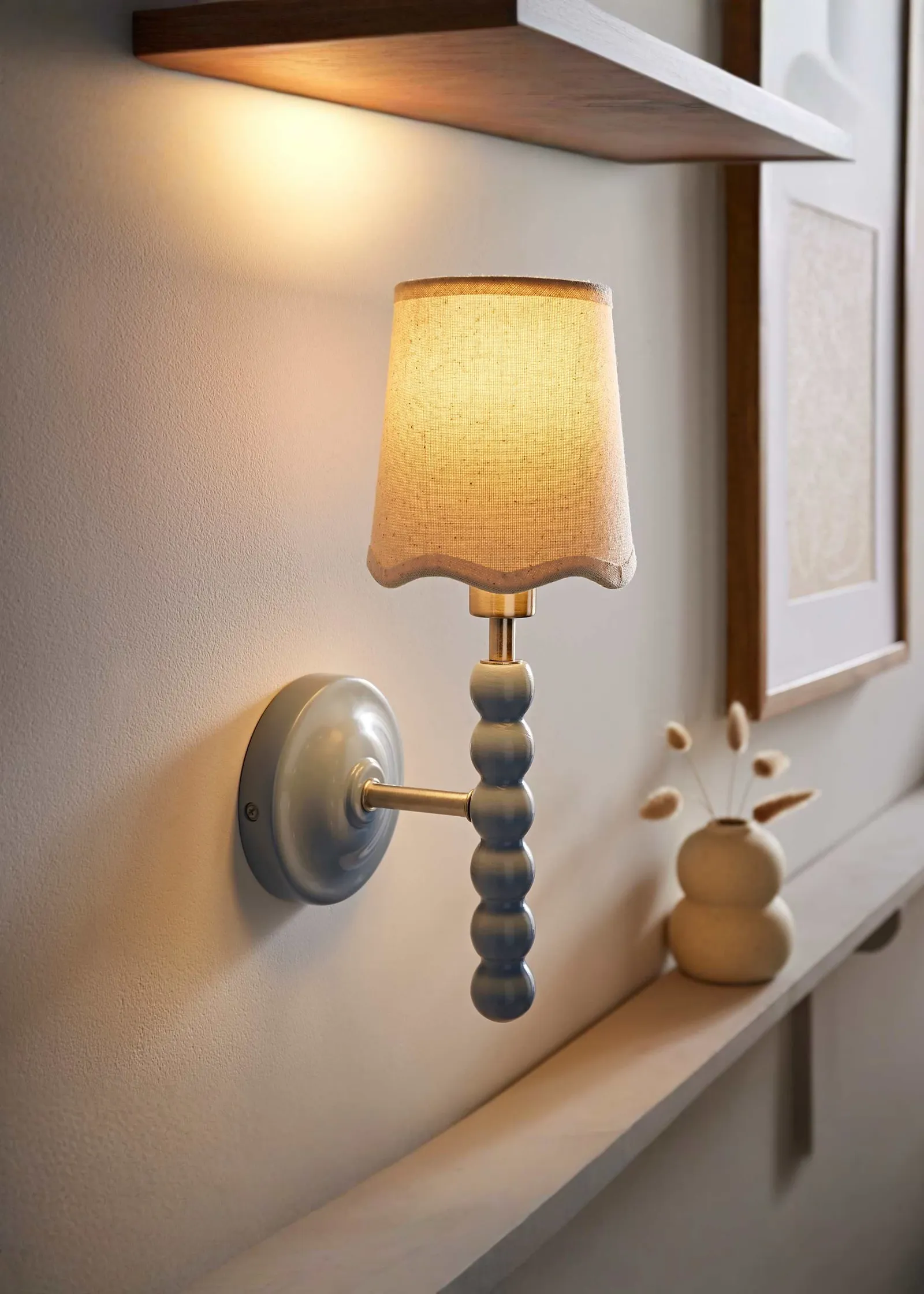 ValueLights Bobbins Pastel Bobble Wall Light & Natural Linen Trim Lamp Shade in Pale Blue 1