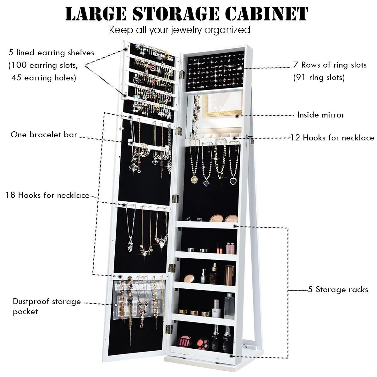 Costway 3in1 Jewelry Cabinet FullLength Mirrored Jewelry Armoire Jewelry Organizer in White 6