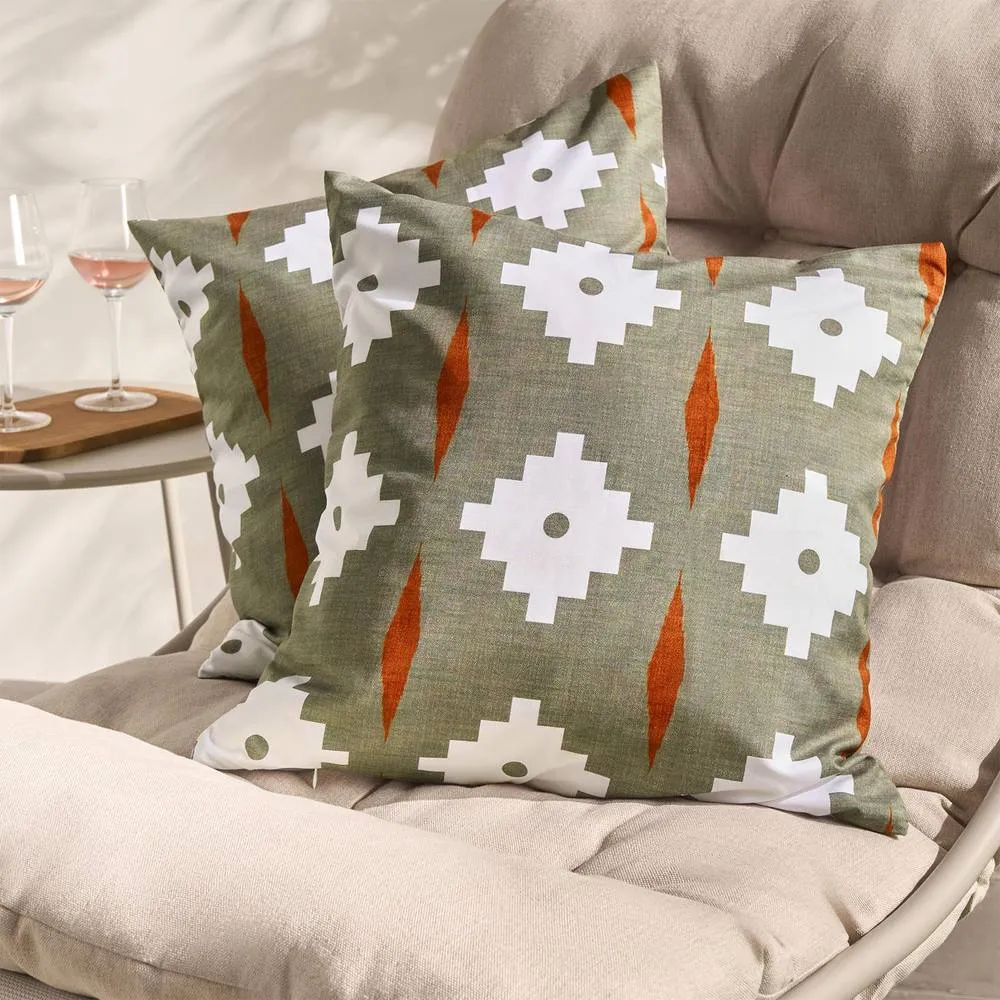 OHS 2 x Geo Print Garden Cushion Covers Outdoor Water Resistant in Olive