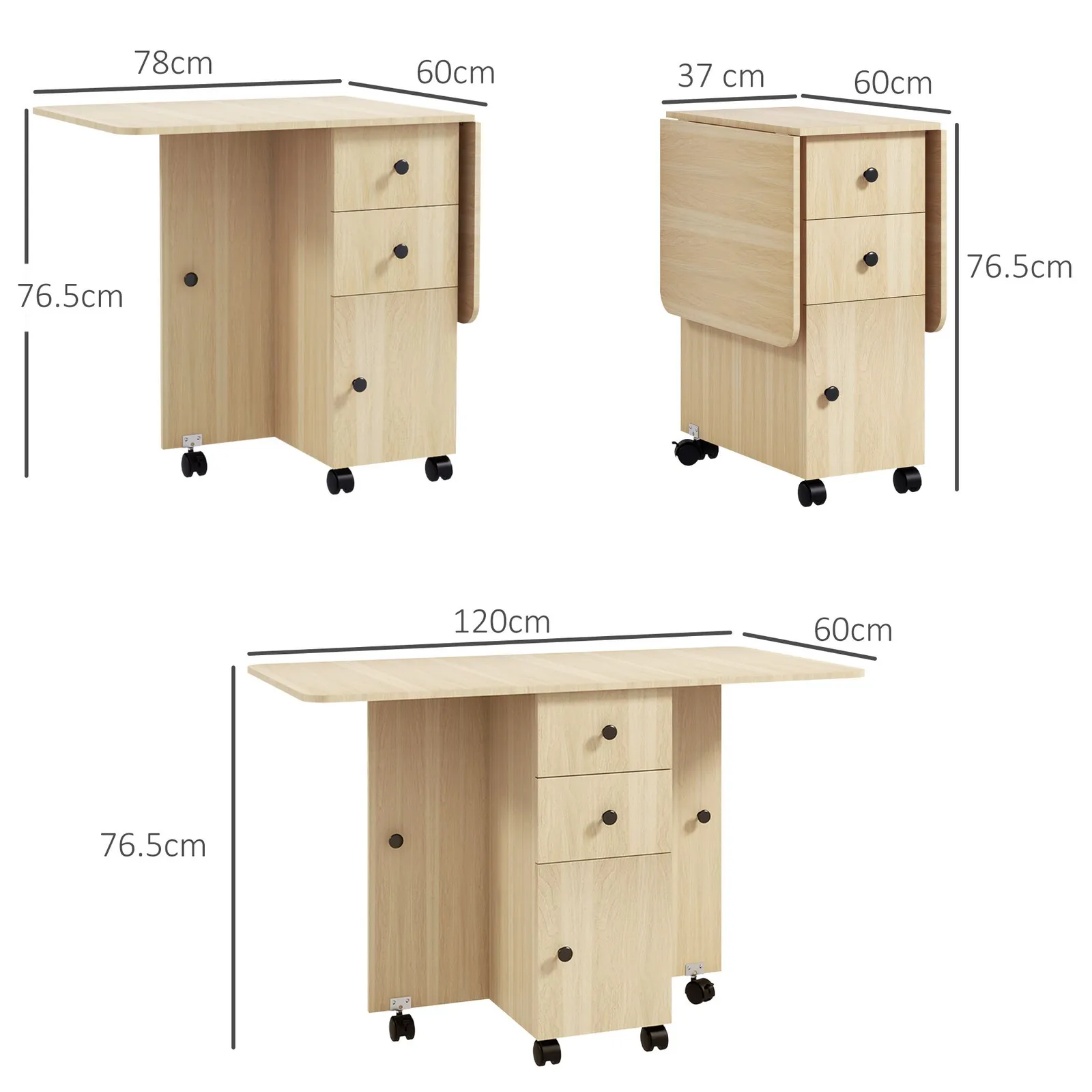 HOMCOM Folding Dining Table for 4-6 Drop Leaf Table on Wheels Natural Wood 3