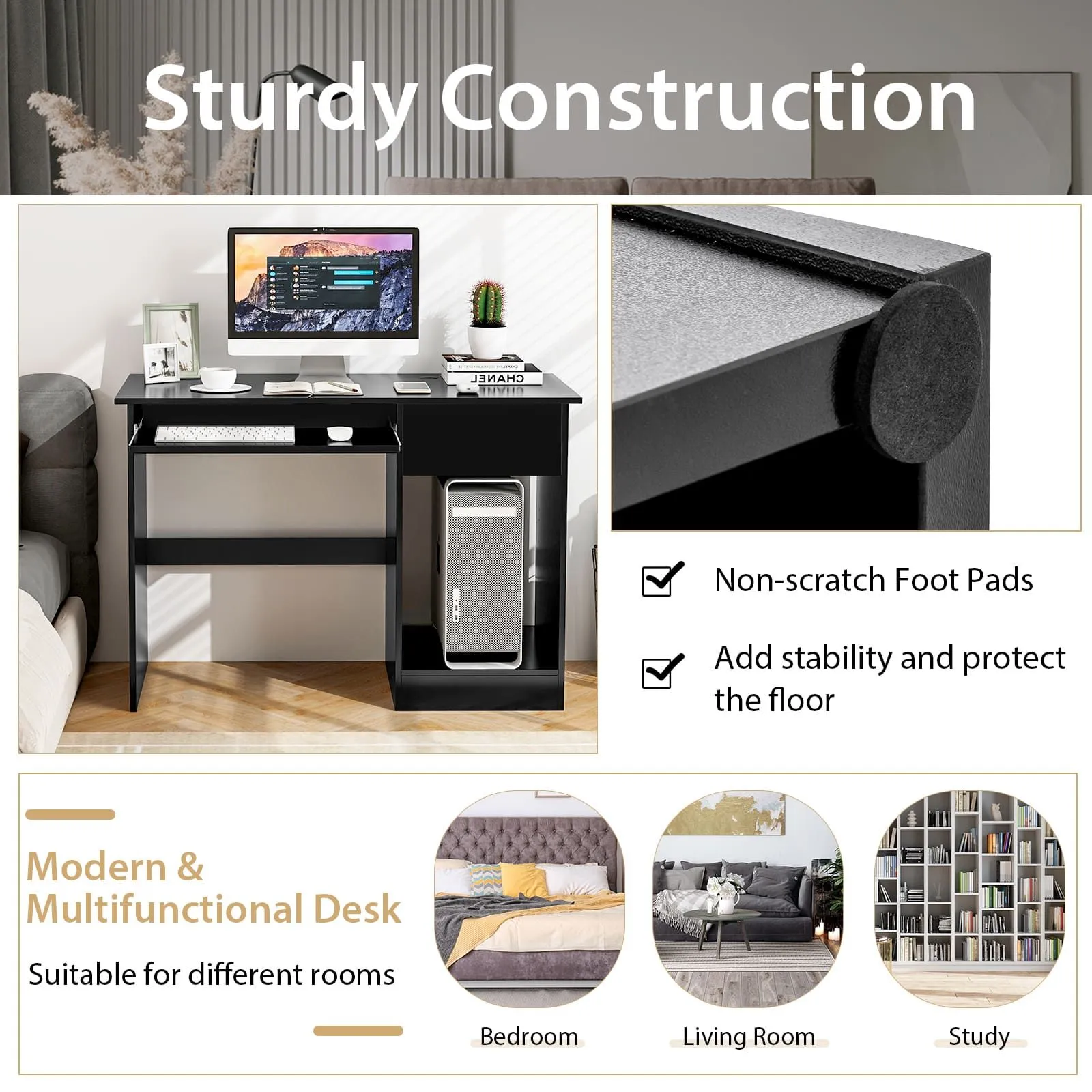 Costway Wooden Computer Desk with Pull-out Keyboard Tray-Black in Black 6