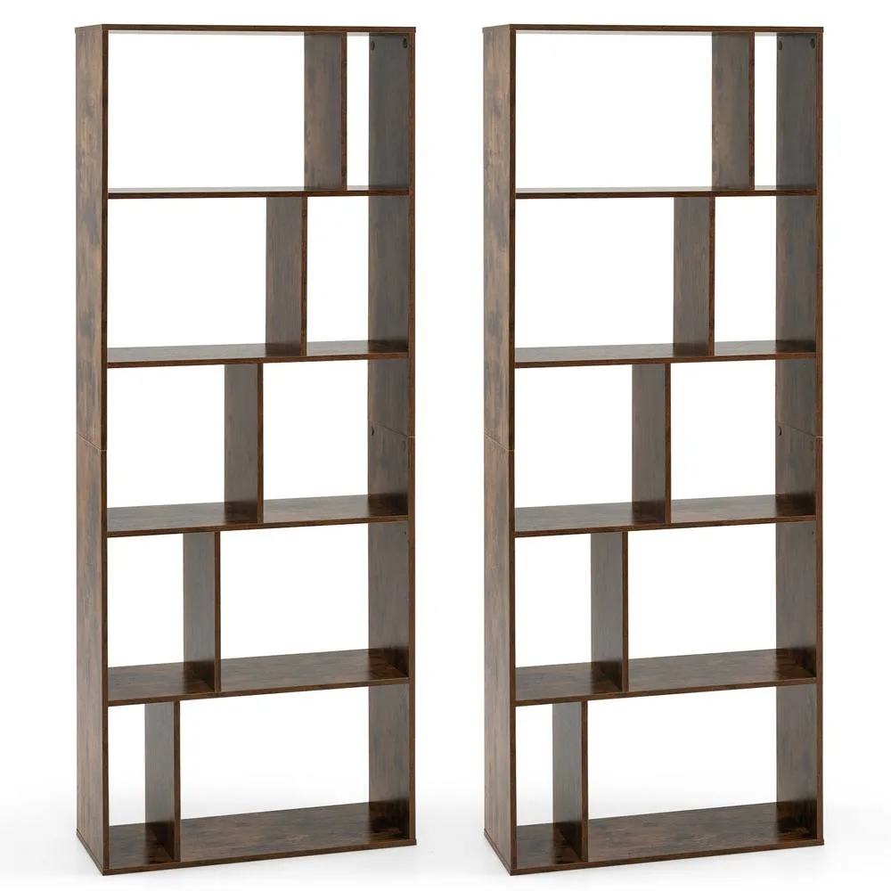 Costway 5-Tier Geometric Bookshelf with 10 Open Cubbies in Brown 4