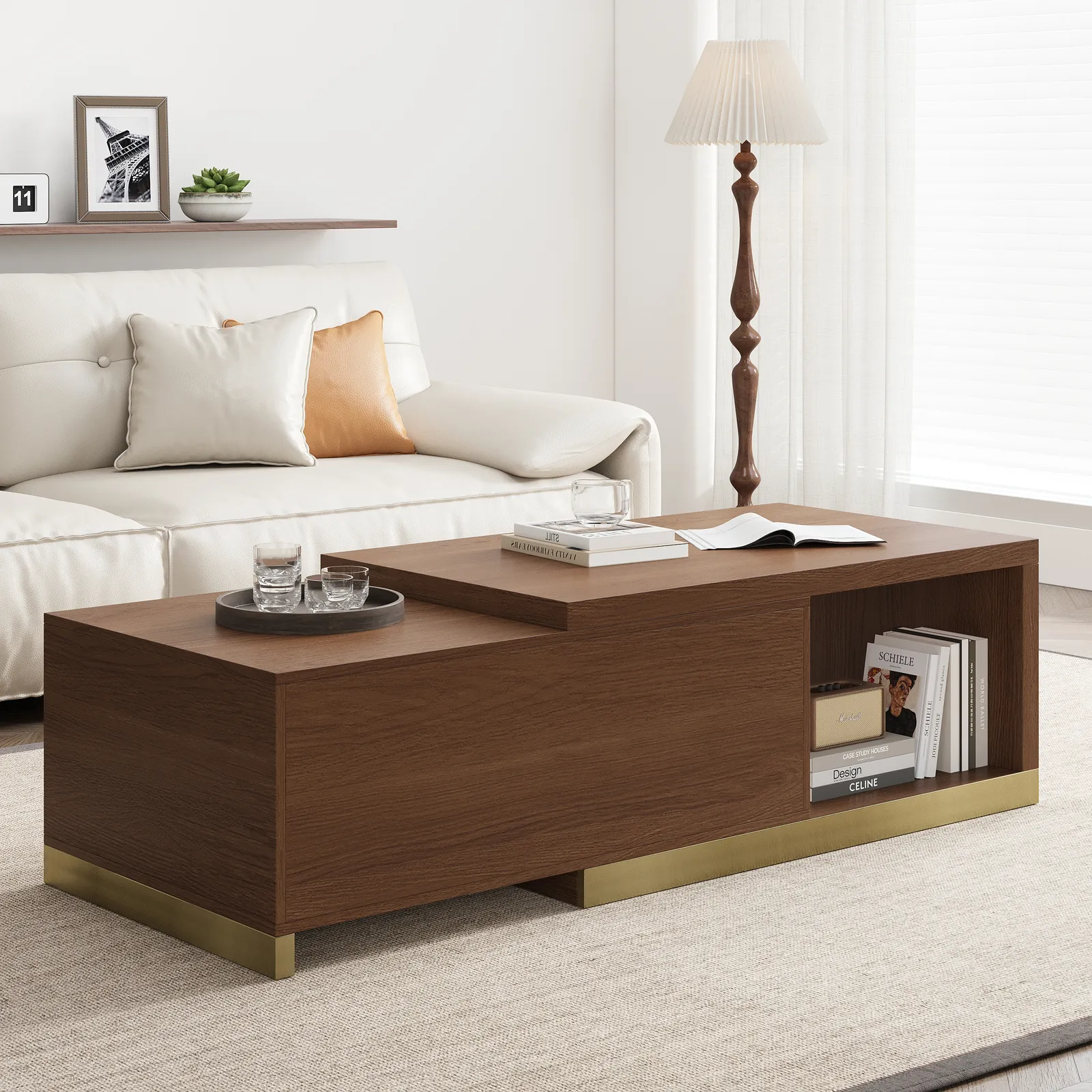 Mordelle Extendable Up to 70.8" Rectangle Walnut Coffee Table with 2 Drawers