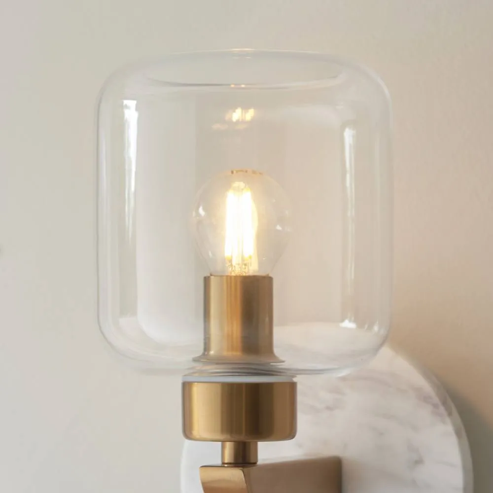 Netlighting Travi Wall Lamp White Volakas Marble Vintage Brass & Clear Glass E14 5