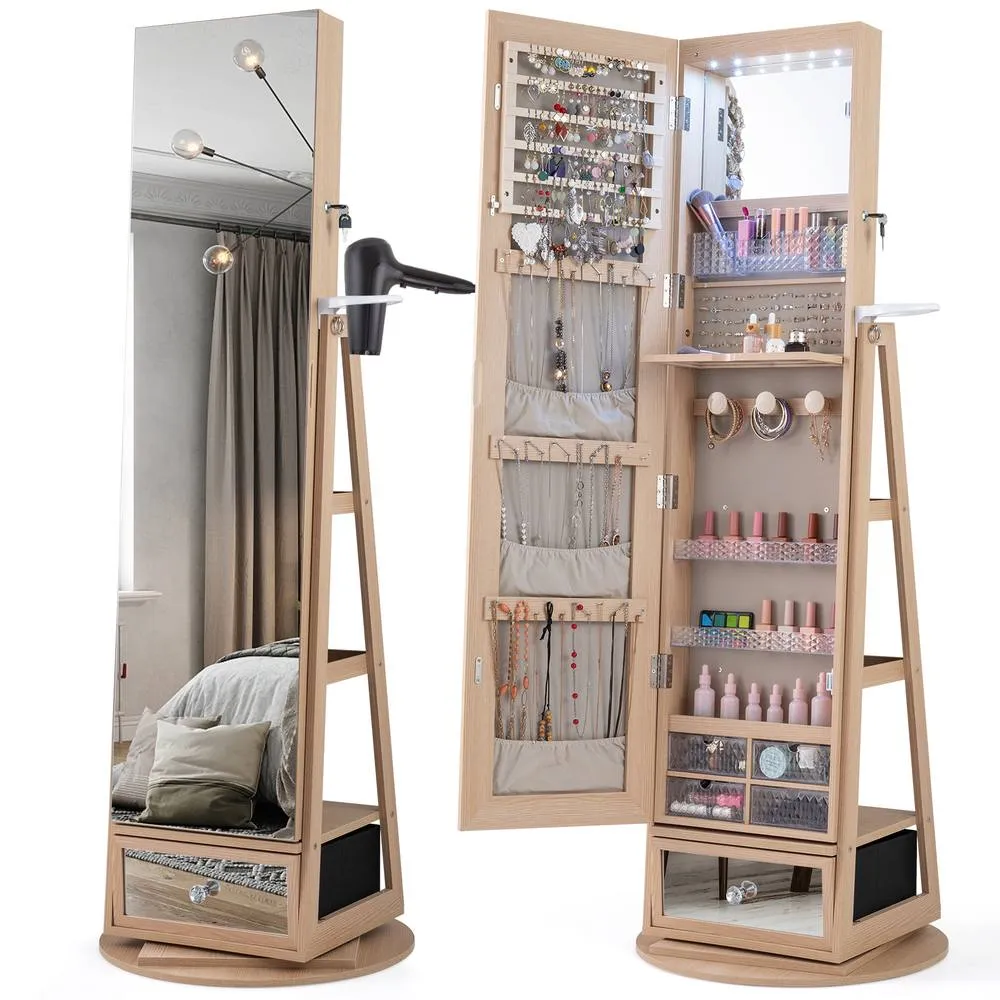 Costway 4 iN 1 Swivel Jewelry Cabinet Lockable Jewelry Armoire in Natural 3