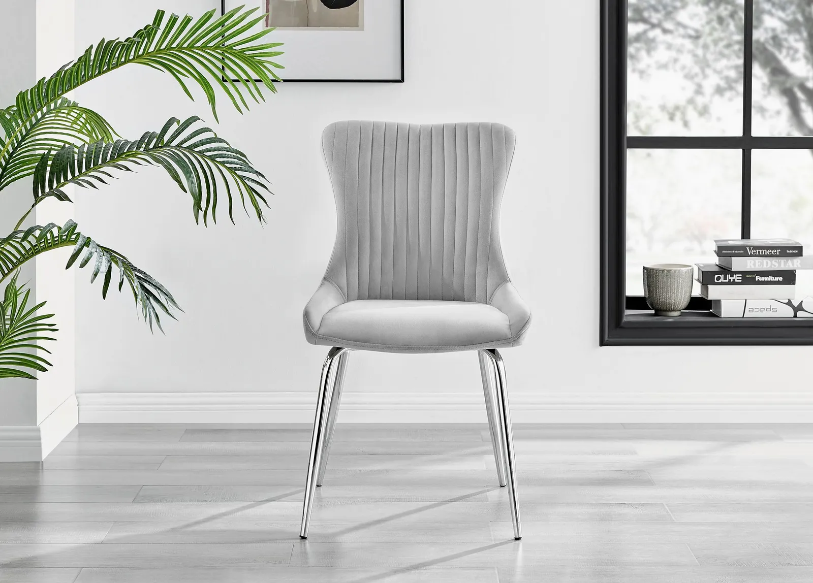 FurnitureboxUK Set of 2 Nora Deep Padded Luxurious Dining Chairs Upholstered In Soft Velvet With Chrome Legs in Light Grey 3