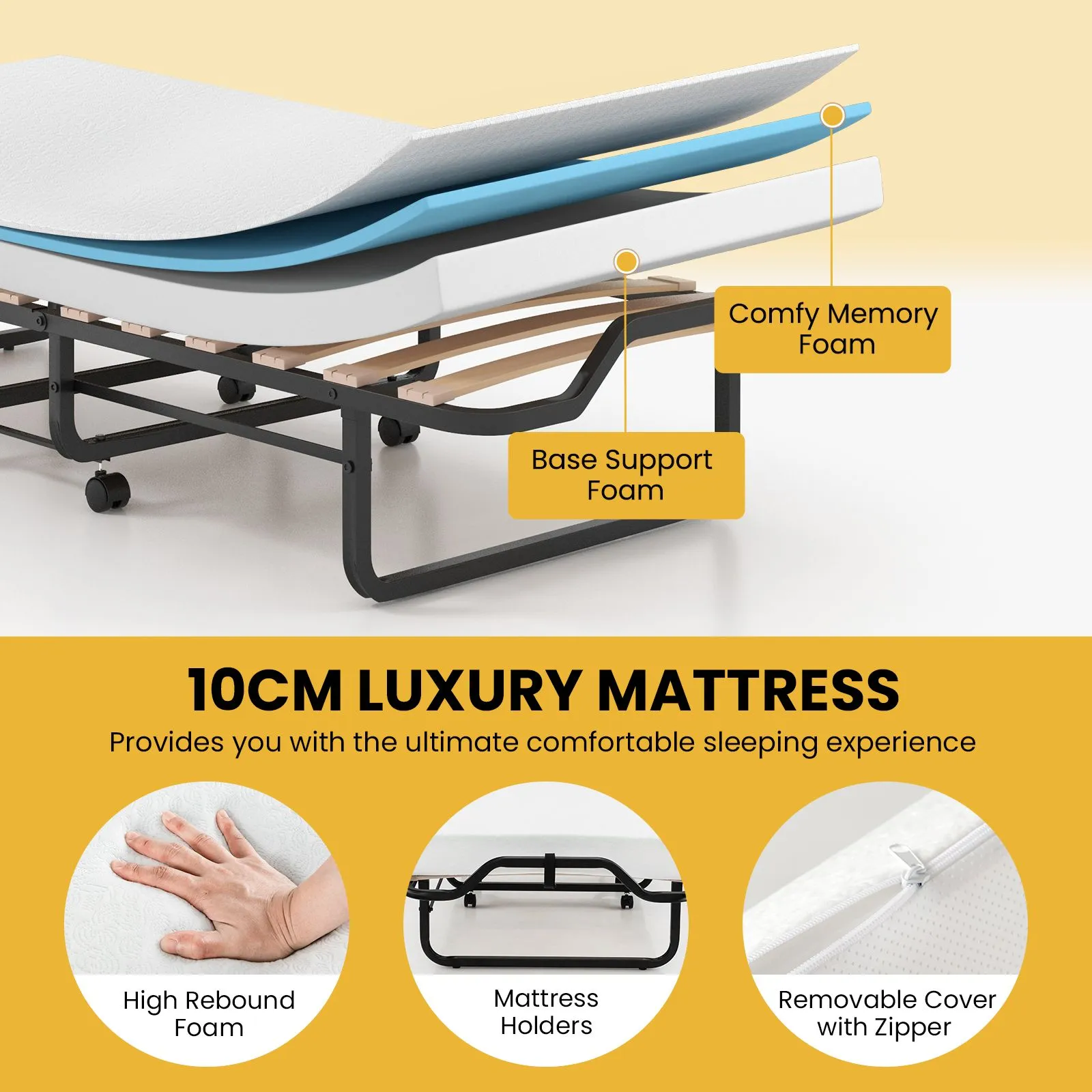 Costway Folding Bed w/ Mattress Portable Foldable Guest Bed Portable Rollaway Bed in White 4