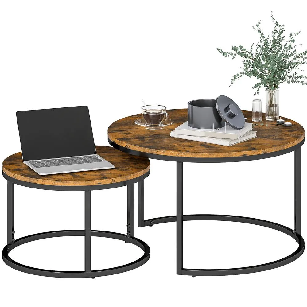 HOMCOM 2 Pcs Stacking Coffee Table Set with Steel Frame in Brown 2