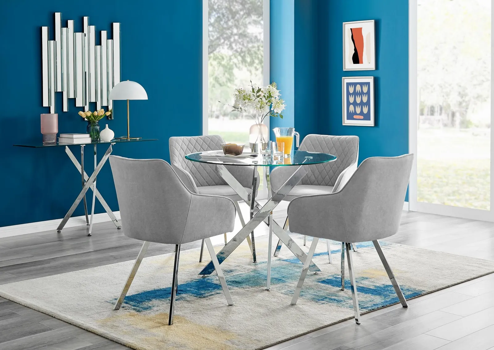 FurnitureboxUK Novara Round Glass Dining Table & 4 Falun Silver Leg Chairs in Light Grey