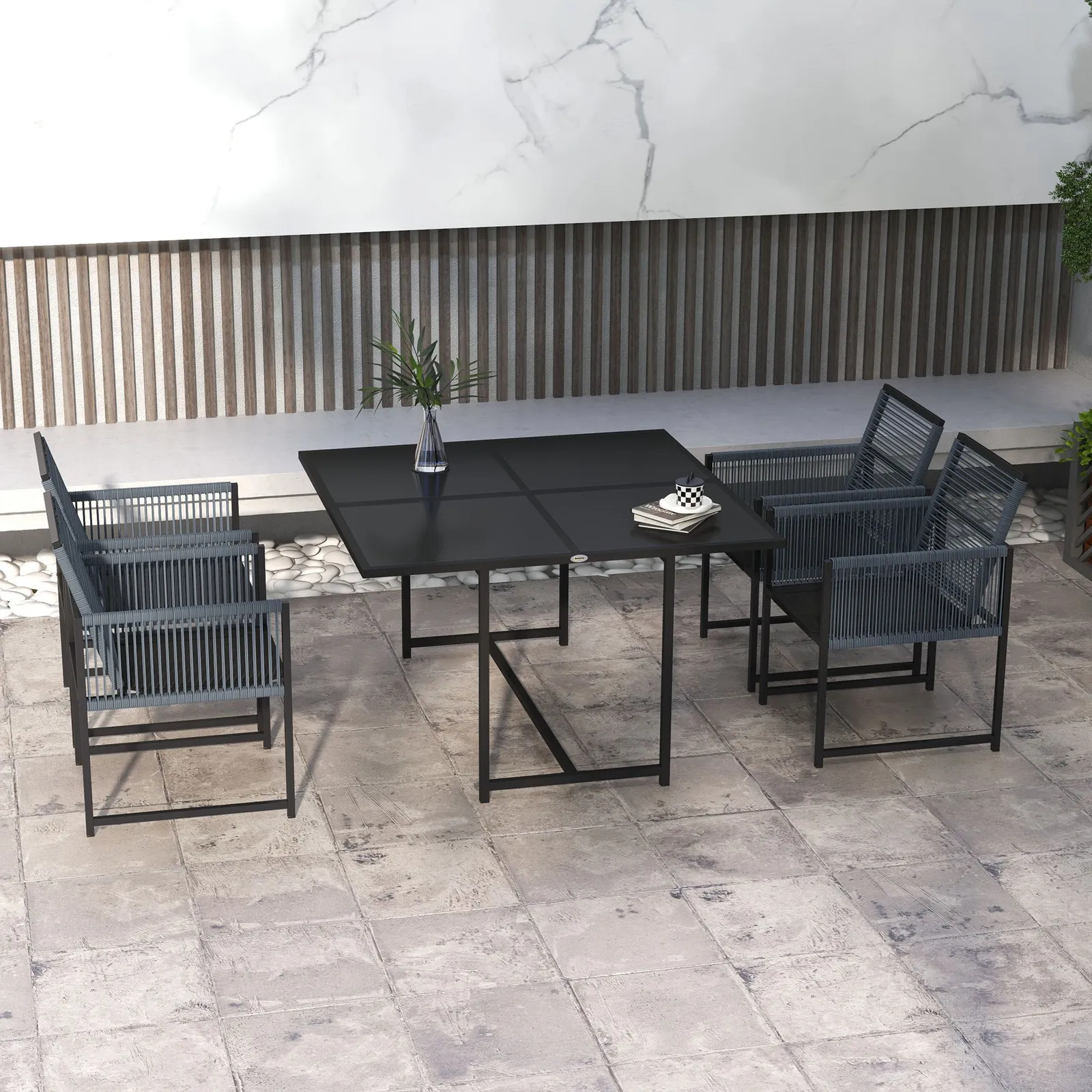 OUTSUNNY 5 Pieces Patio Dining Set Outdoor Table & Chairs Space-Saving Dark Grey