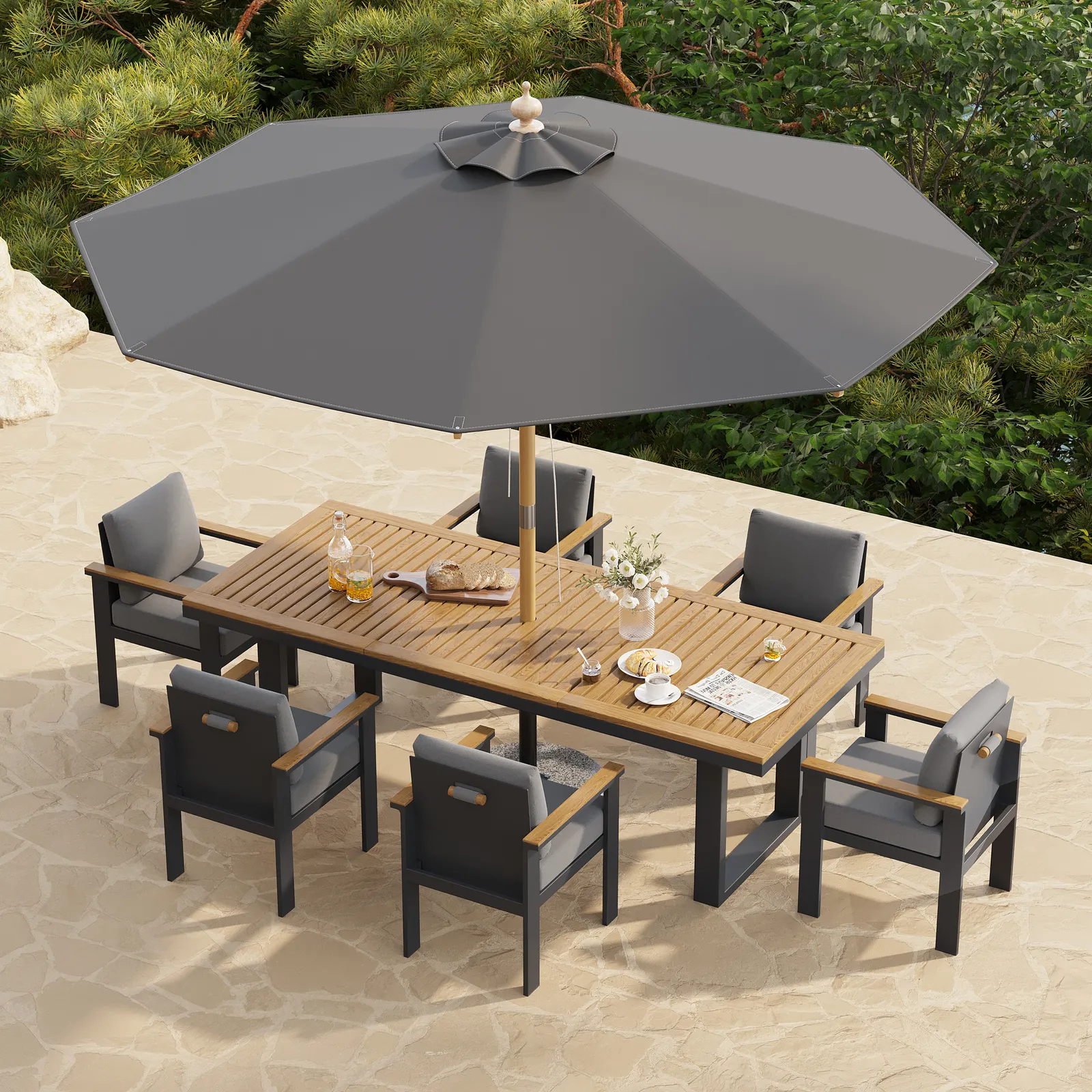 8 Pieces Rectangle Wood & Aluminium Outdoor Patio Dining Set with Central Pillar Umbrella