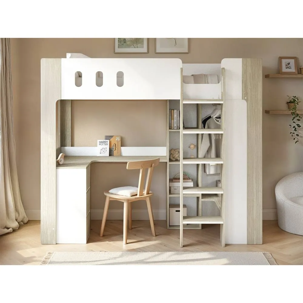 Flair Willow High Sleeper with Desk & Storage White & Oak