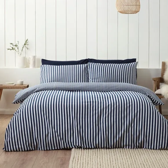 Catherine Lansfield Stripe 100% Brushed Cotton Reversible Duvet Cover & Pillowcase Set 1