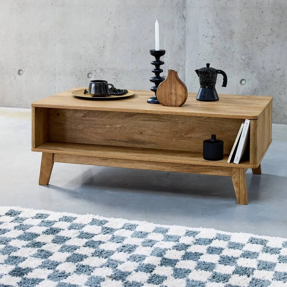 sweeek Coffee Table With Sliding Door Wood & Cane Effect in Light Brown 6