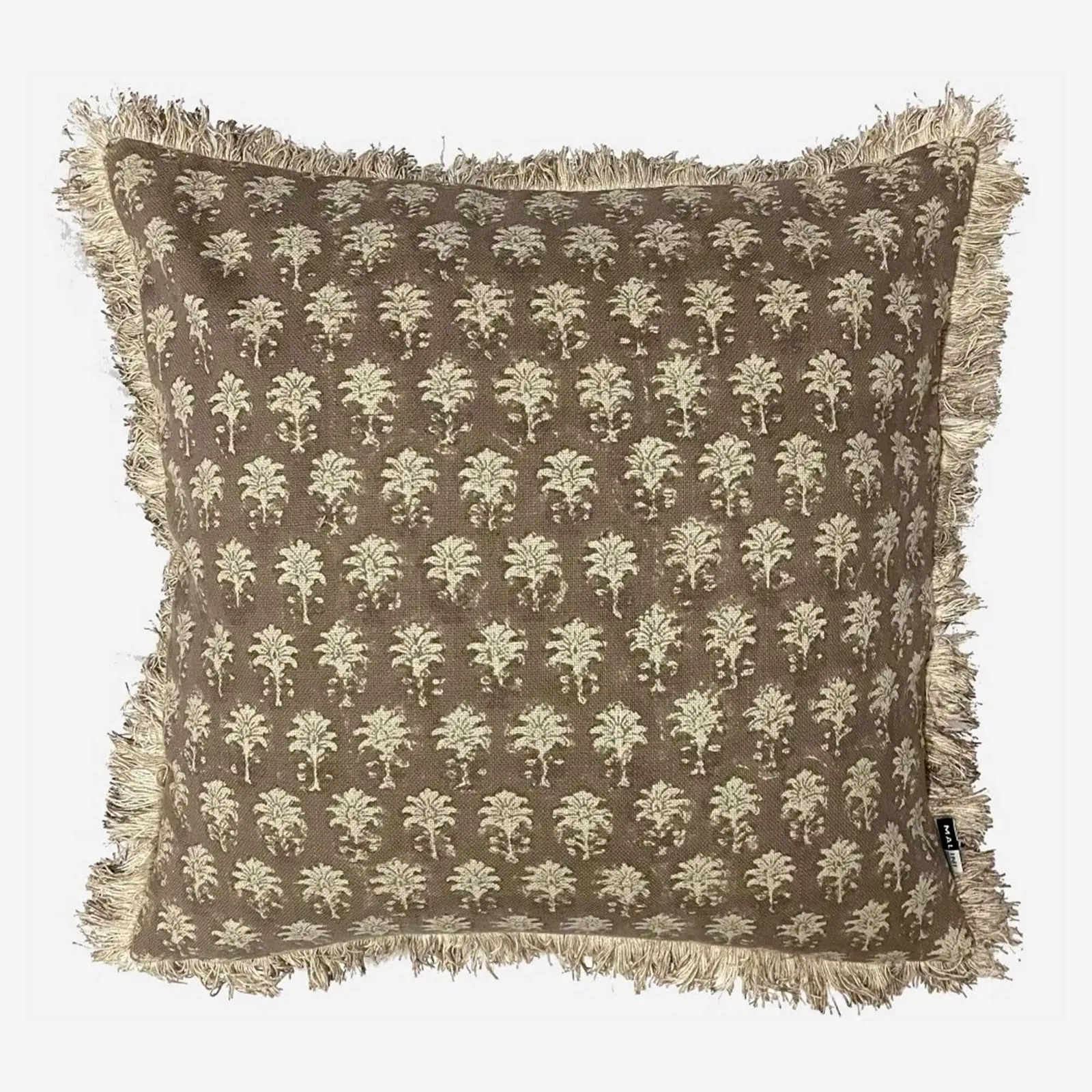 Natural Patterned Fringed Cushion, Square, Neutral Polyester | Barker & Stonehouse