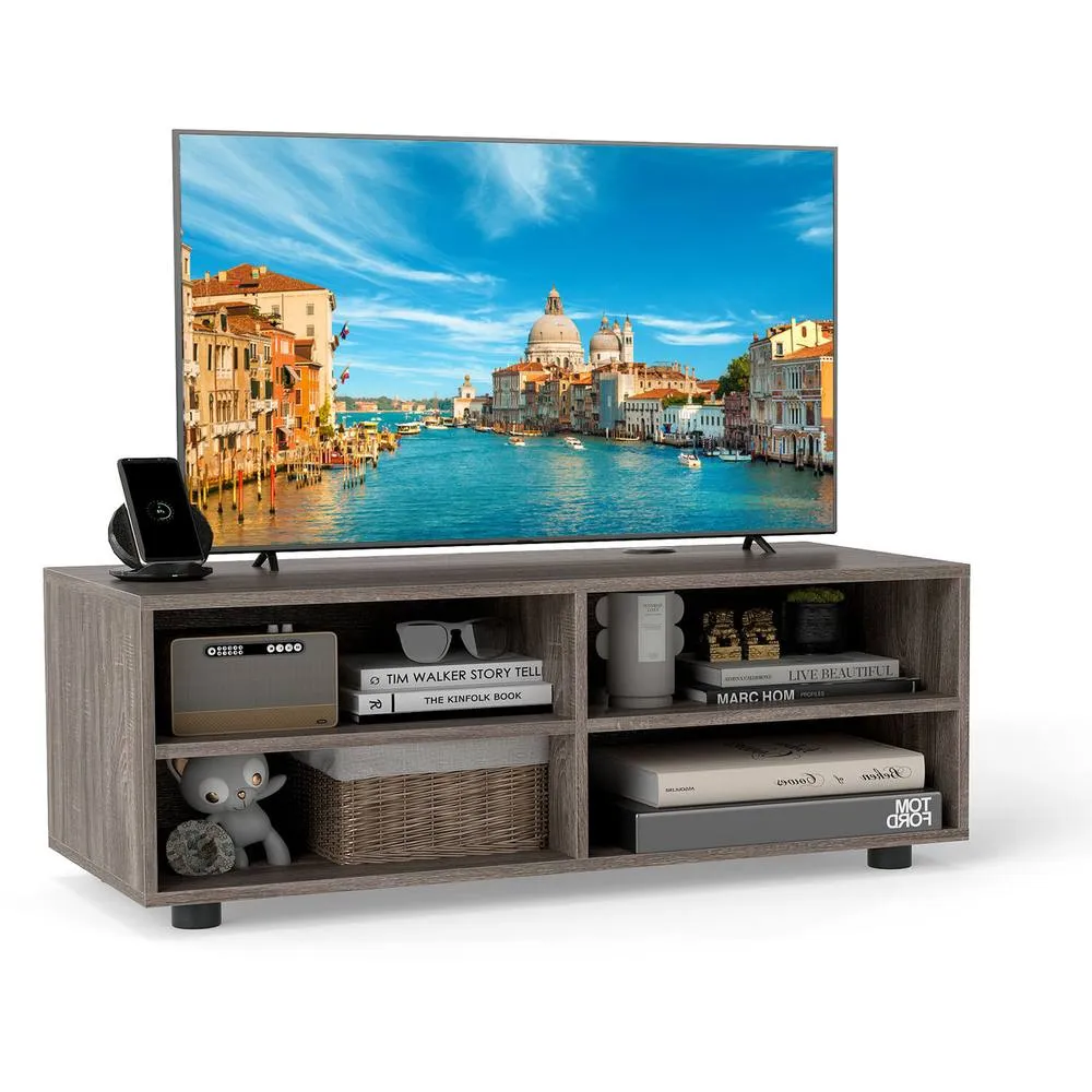 Costway Home TV Stand 5 Positions Adjustable Shelves 4 Cubbies in Grey