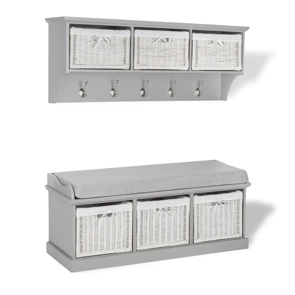 Statement Furniture Tetbury 3 White Wicker Basket & Grey Cushion Hallway Set in Light Grey 2