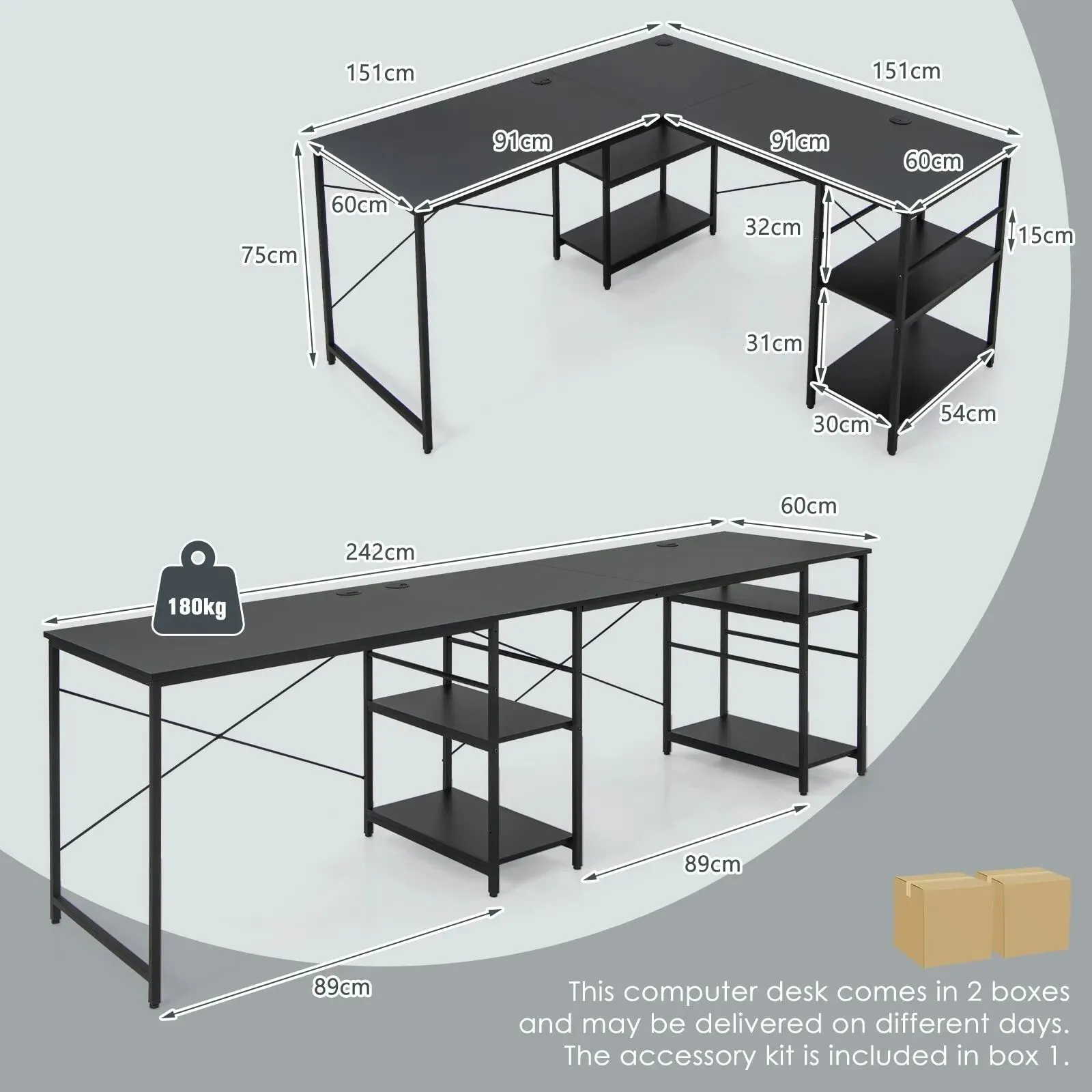 Costway L-Shaped Corner Computer Desk Study Writing Desk Home Office Workstation with Storage Shelf in Black 2