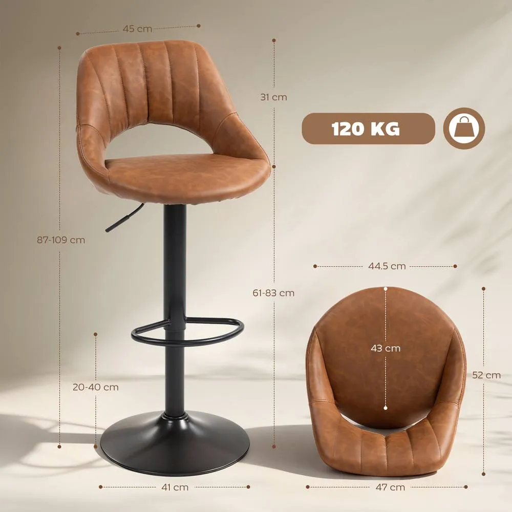 HOMCOM Barstools Set of 2, Dining Stools with Backrest & Footrest, Brown 3