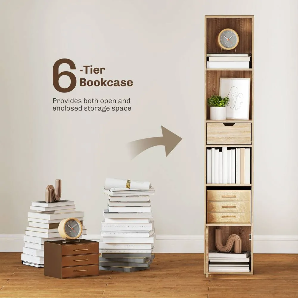 HOMCOM Narrow Bookshelf with Drawer, Tall Bookcase for Living Room in Natural 4
