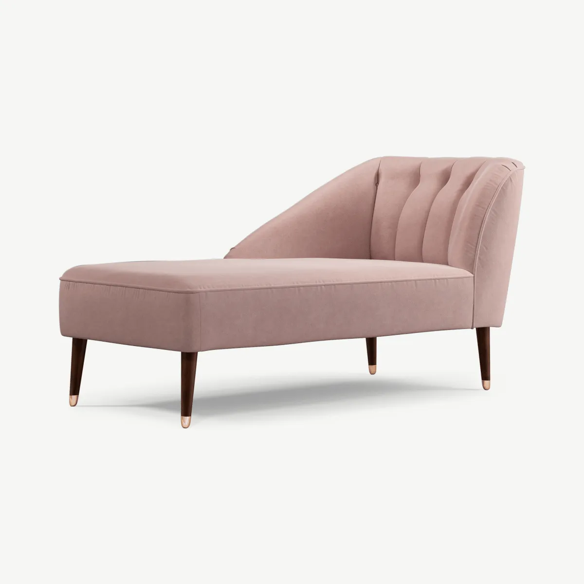 Margot Left Hand Facing Chaise Longue, Pink Cotton Velvet with Dark Wood Copper Legs