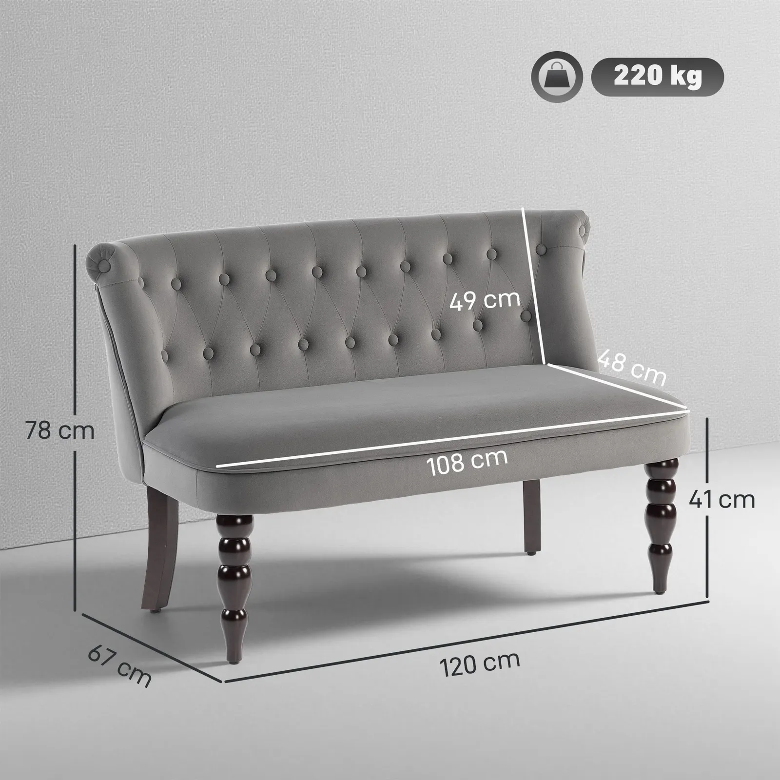 HOMCOM Velvet-Feel Two-Seat Lounger Sofa with Wood Frame, Charcoal Grey 3