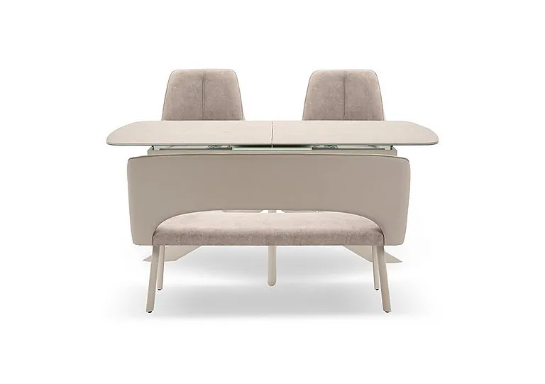Tino Large Pop-up Extending Dining Table with 2 Swivel Chairs and a High Back Bench in Two Tone Upholstery