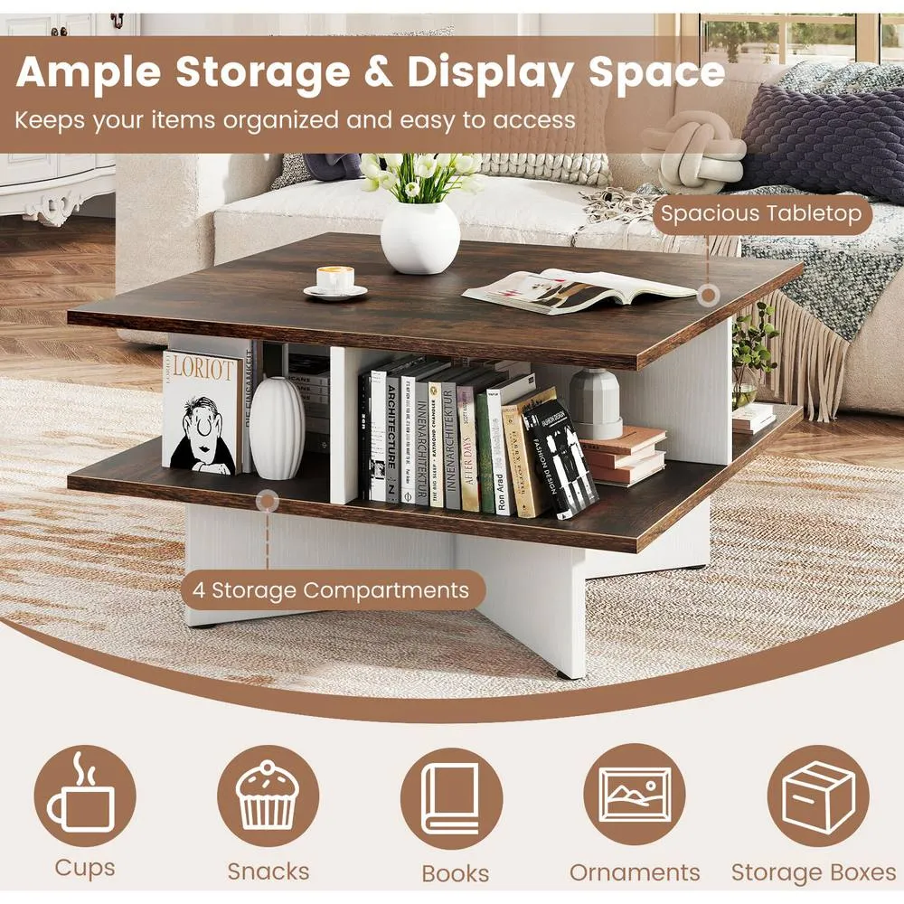 Costway 2-Tier Square Coffee Table 60cm Living Room Center Table-Brown in Brown 3