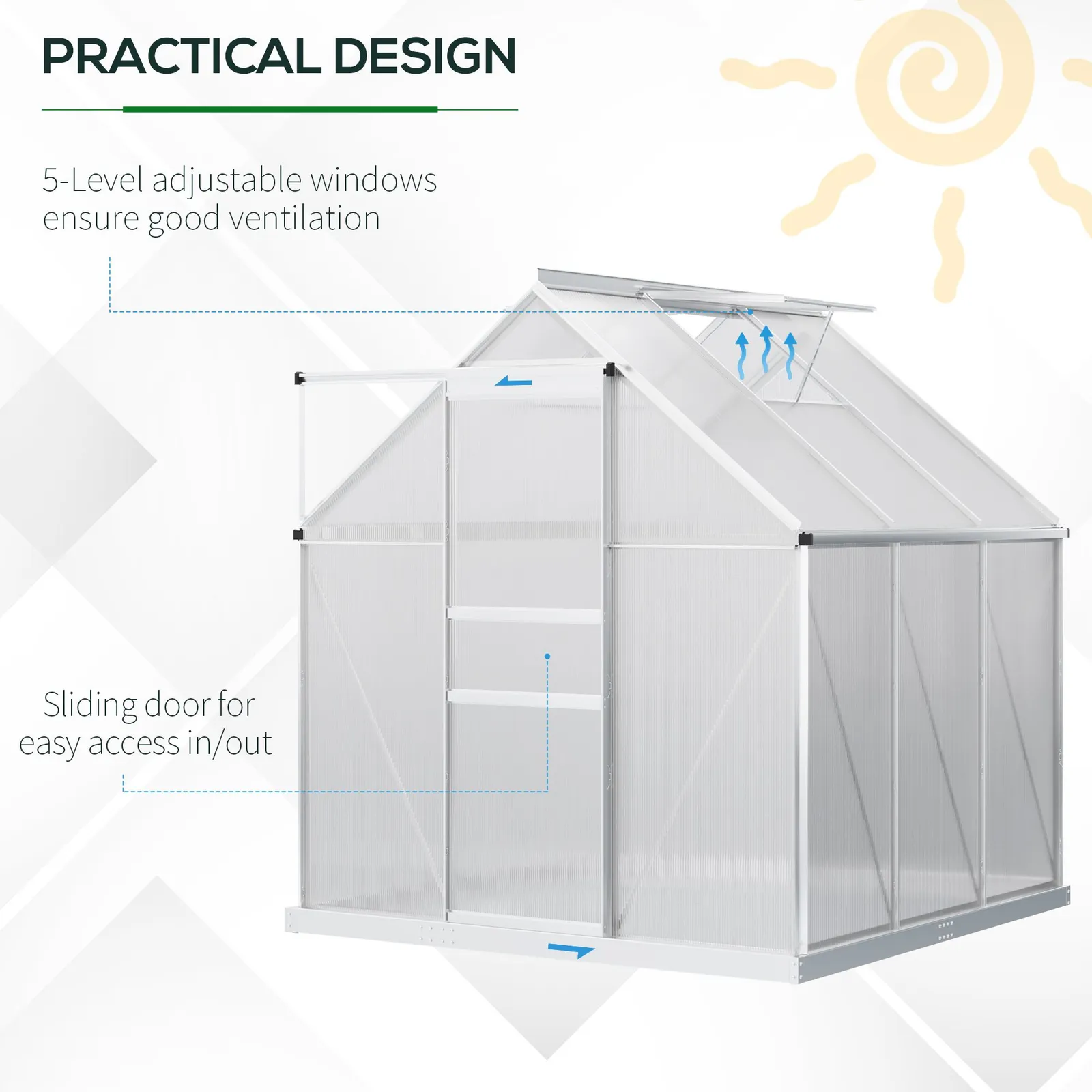 OUTSUNNY Polycarbonate Walk-in Garden Greenhouse w/ Sliding Door Silver Tone 5