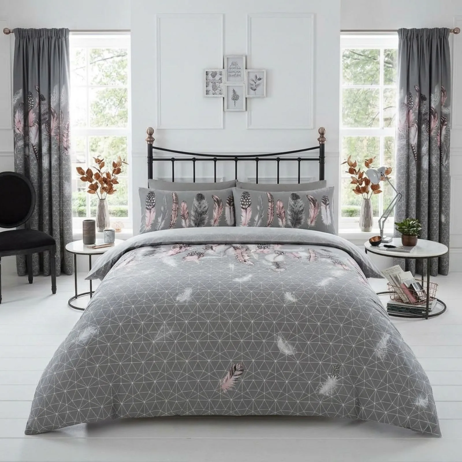 Smart Living Printed Polycotton Feathers Duvet Cover With Pillowcases in Grey 2