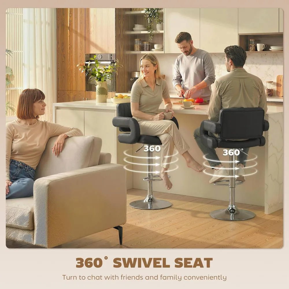 HOMCOM Bar Stools Adjustable Swivel with Armrest Set of 2 Black 6