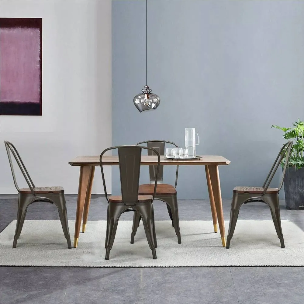 Costway Set of 4 Dining Chair Industrial Stackable Bar Stool with High Backrest in Brown 3