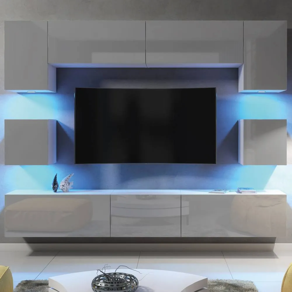 Creative Furniture Panorama Wall TV Unit - White & Grey Gloss Doors & LED Lights