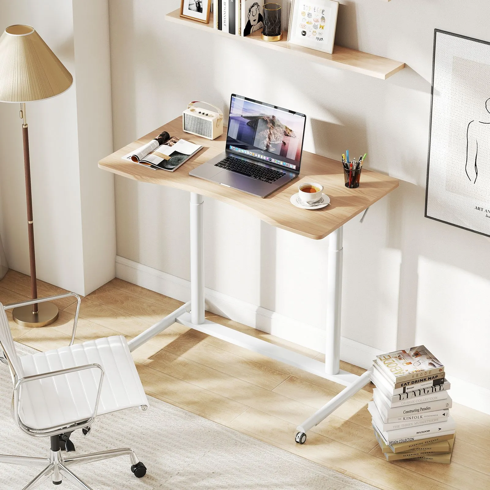 Costway Mobile Standing Desk C-Shaped Sit Stand Desk w/Adjustable Height in Natural 6