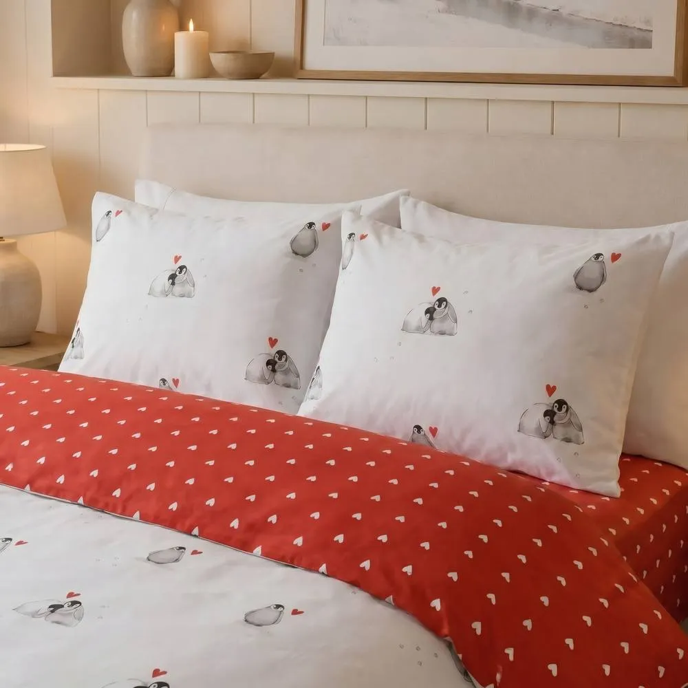 Rapport Home Christmas Penguins Complete Duvet Cover Bedding Set with Fitted Sheet in Red 5