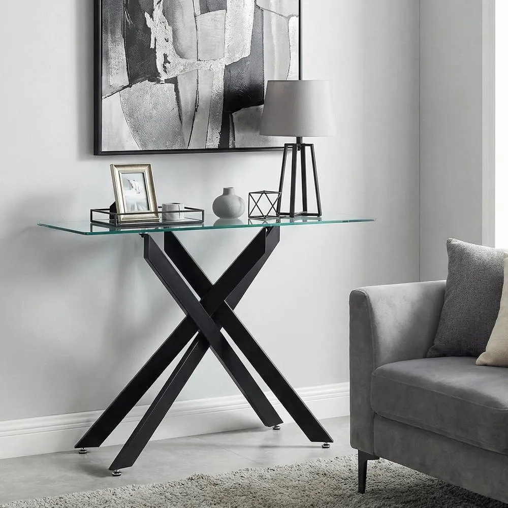Costway Glass Console Table 115CM Entryway Table w/ Clear Tempered Glass Top in Black 4