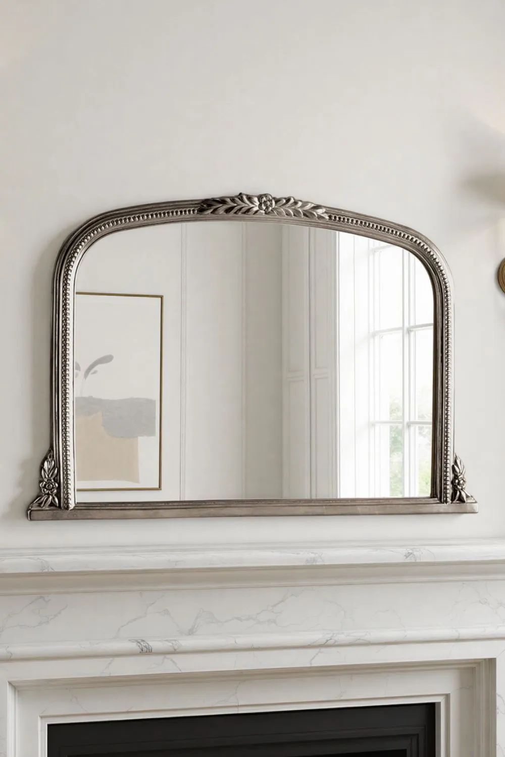Yearn Mirrors Beaded Overmantle Mirror Silver Bevelled 101(w)x66cm(h)