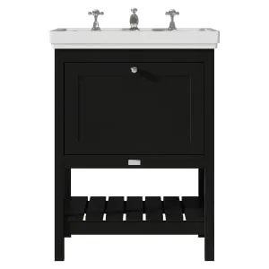 Bayswater Hartleigh Matt Black Traditional Freestanding Vanity Unit & 3 Tap Hole Traditional Recessed Basin - 600mm