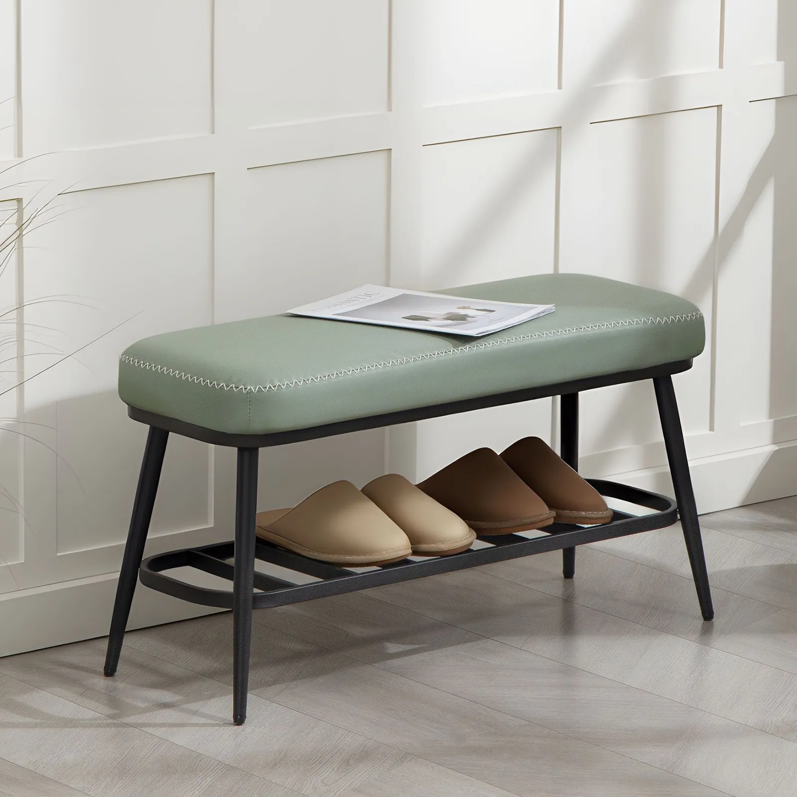 HOMCOM Shoe Bench, PU Leather Shoe Storage Bench for Entryway in Green 1