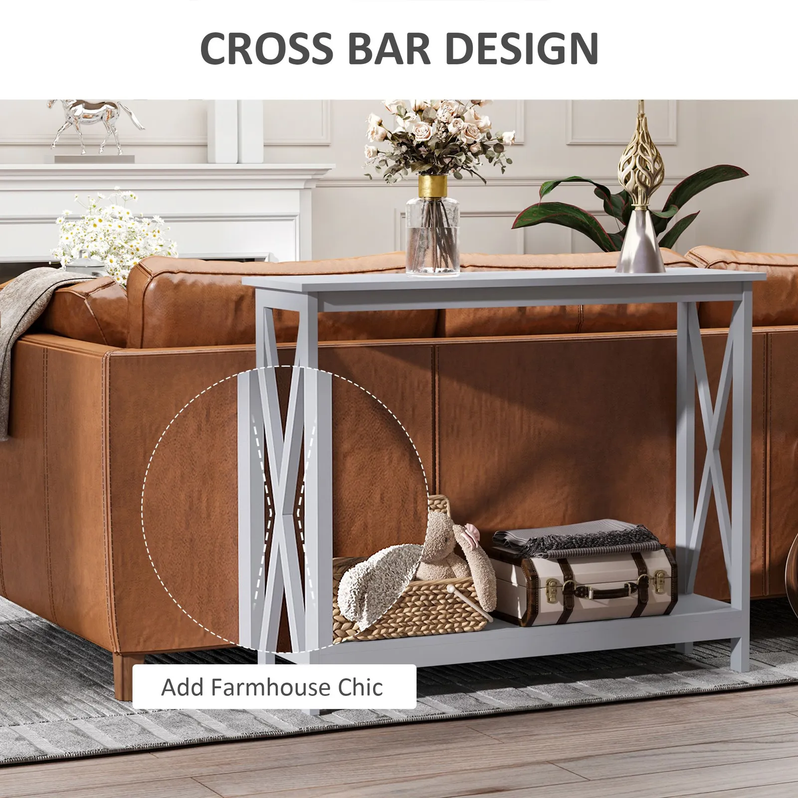 HOMCOM Grey Console Table with Shelf, Display Shelf Stand Furniture 5