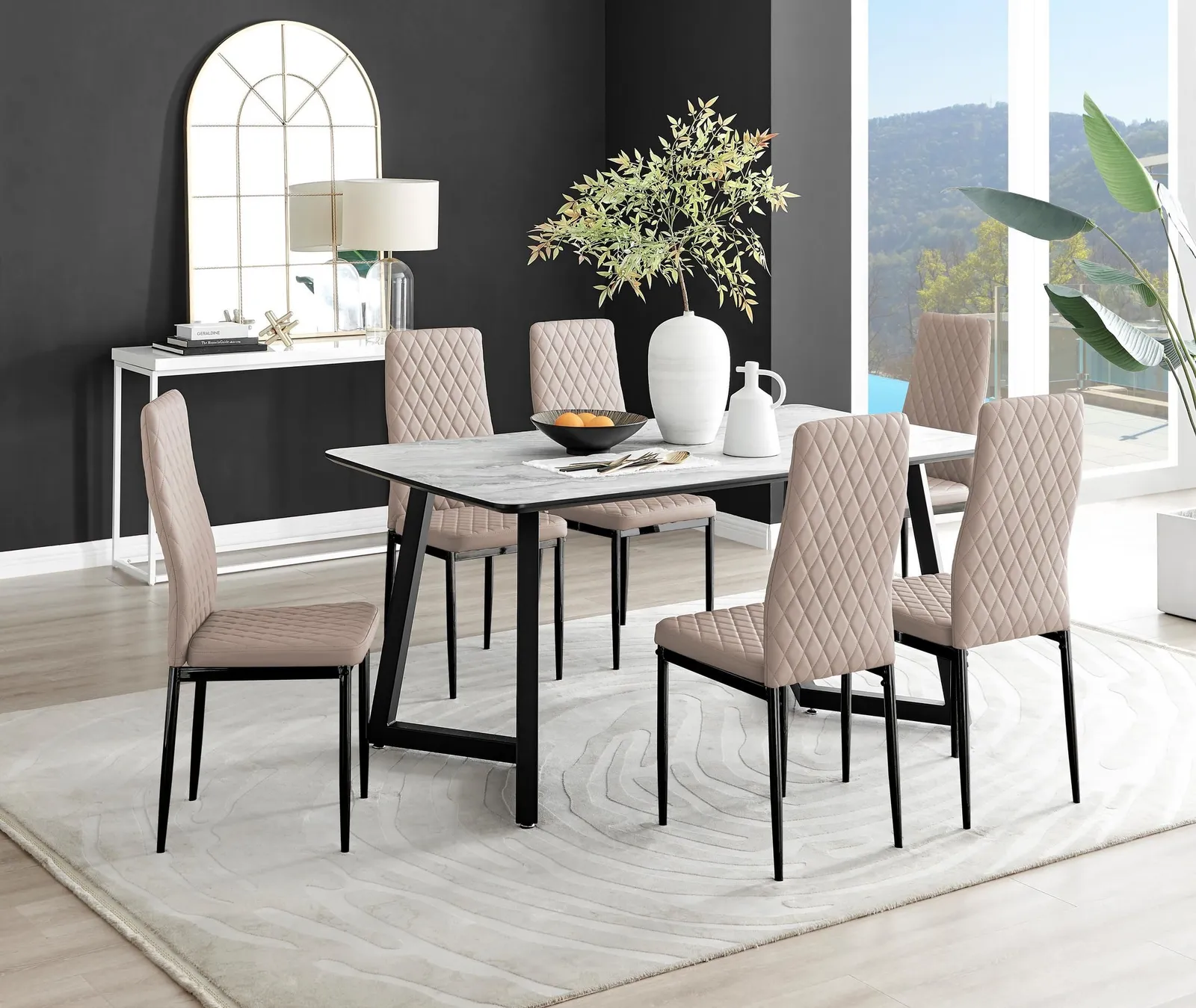 FurnitureboxUK Carson White Marble Effect Dining Table & 6 Milan Black Leg Chairs in Beige 1