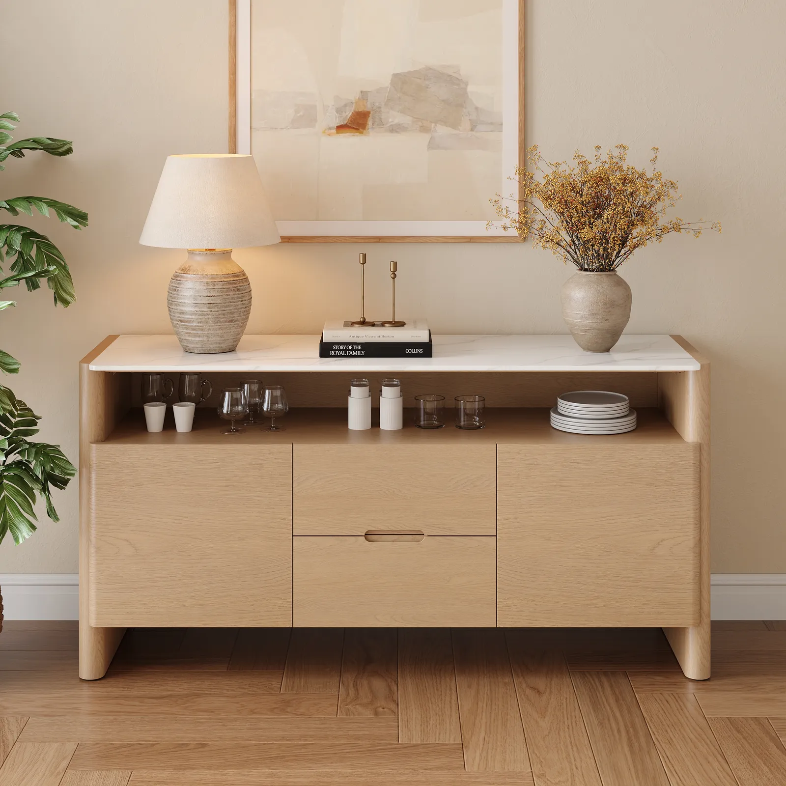 Arvona 160 cm Sintered Stone Sideboard with Open Storage & Adjustable Shelves